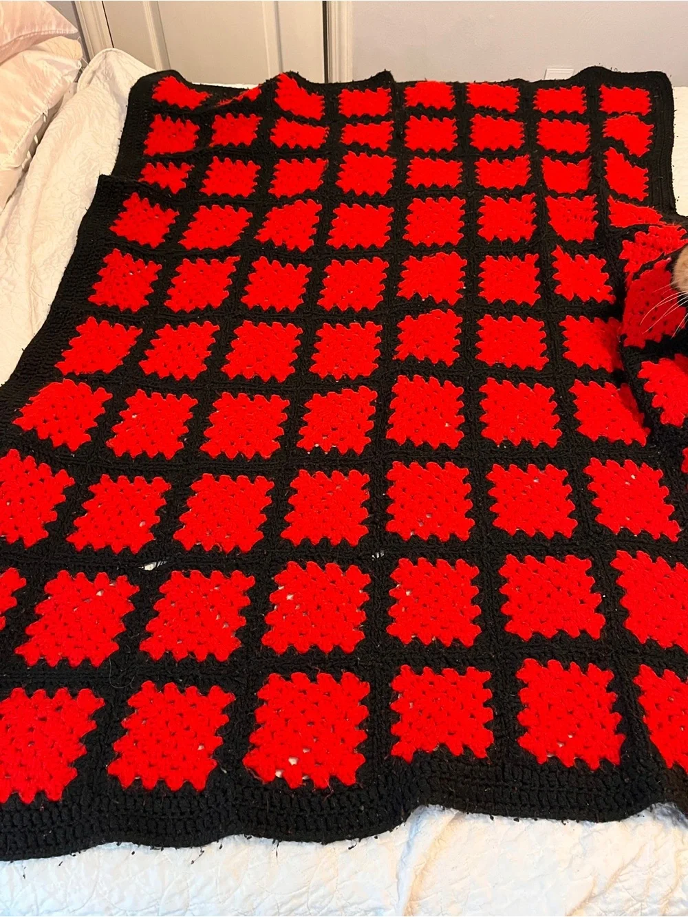 Handmade Granny Square Crochet Afghan Red Black Throw Blanket Vintage Roseanne
